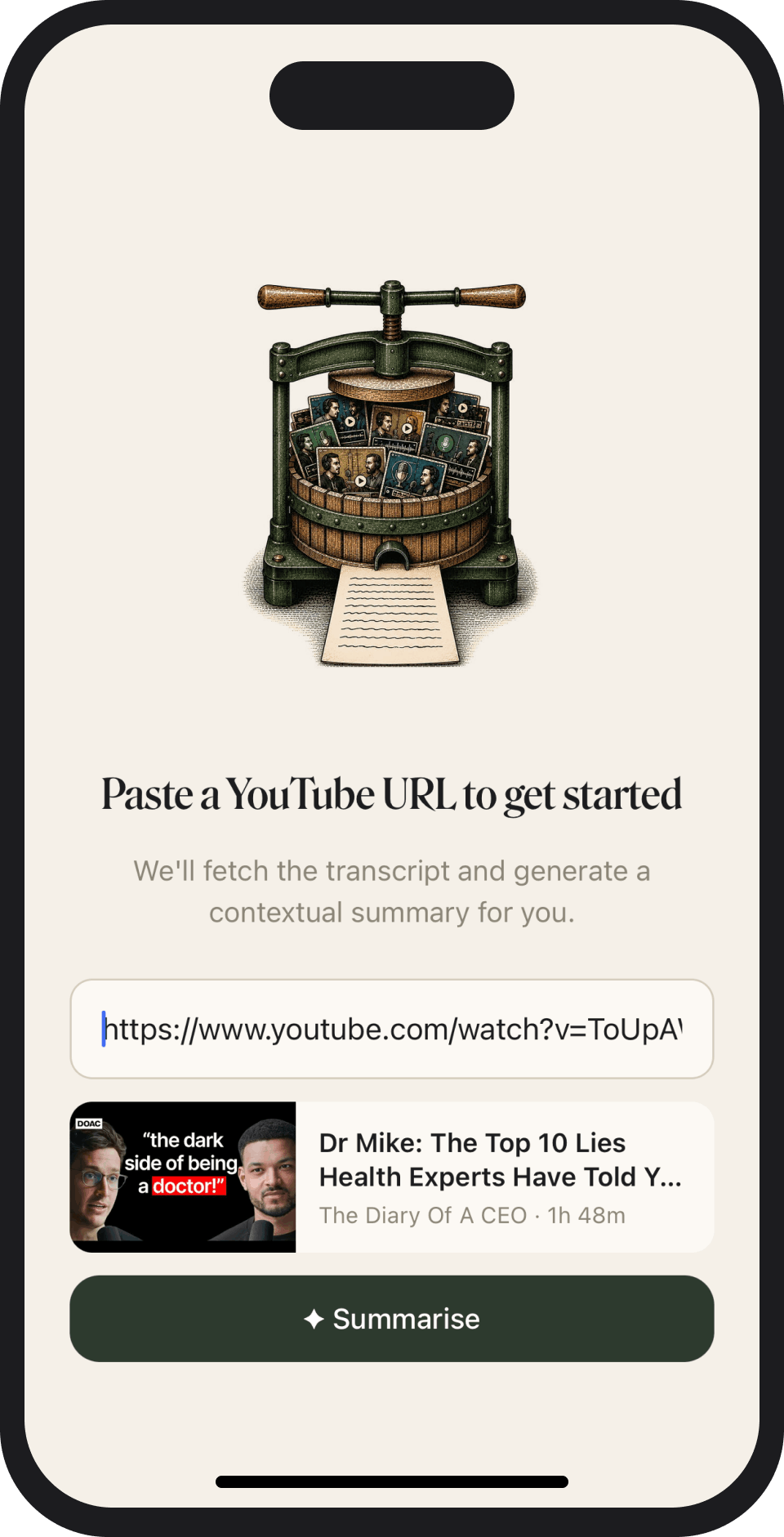 Bite app showing a video summary
