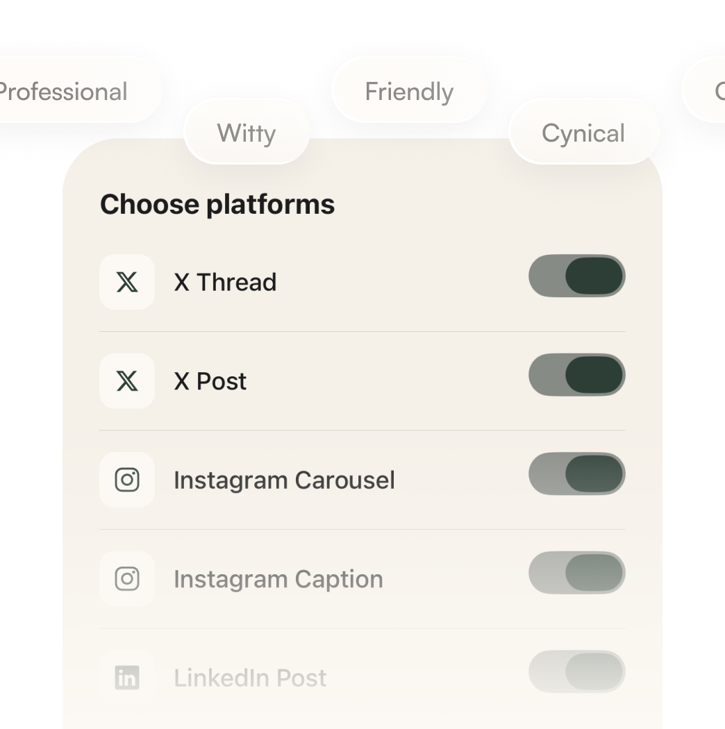 Social post generation showing formatted posts for different platforms