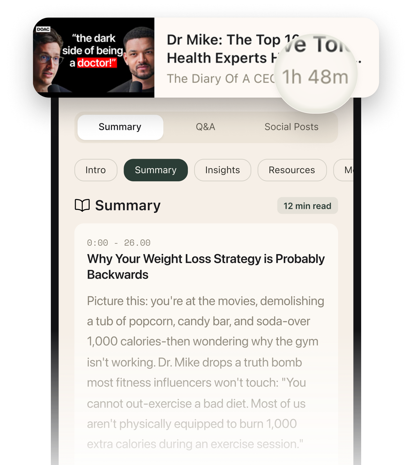 Summary screen showing structured breakdown with tabs, sections, and timestamps